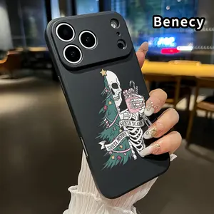 Straight Edge Phone Case for iPhone 17 15 16 14 Pro Max 13 12 11 XR XS Plus Air E  Skeletal Christmas Cheer Pattern Anti-Scratch Shockproof TPU Bumper Drop-proof Cover Cellphone Protective