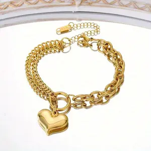 Fashionable Metal Stainless Steel Heart-shaped Pendant Bracelet, Paired with Irregular Double-layer Chains, Creates A Casual and Exquisite Dressing Style, Suitable for Daily Leisure and Party Jewelry