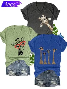 Women's Giraffe Pattern Print T-Shirt, Soft Stretch V-Neck Short Sleeve Set, Casual Summer Top, Comfortable Vacation Wear