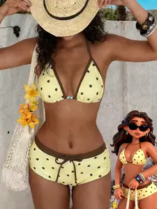 Women's Vintage Polka Dot Bikini Set, Contrast Color Swimsuit, Casual Beachwear, Summer Beach Bikini, Chic Swimsuit Set, All Seasons, Slim Fit, Perfect for Vacation