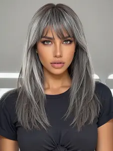 18-Inch Medium-Length Wig with Bangs, Straight Hair for Women, Perfect for Daily Wear, Travel, Parties & Holidays, Synthetic Material Wigs