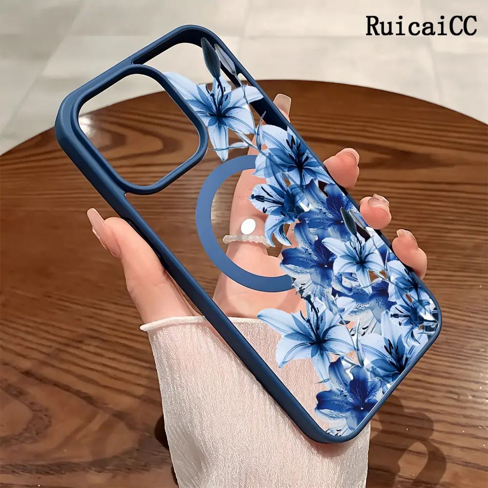 Premium Magnetic Phone Cases for iPhone11/12/13/14/15/16//17/Air/promax/Plus Blue Lily branches y2k cased MagSafe Ready, Anti-Fall, Springtok and Ultra-Thin Design | Perfect for Everyday Use Protector Screen Protector Aesthetic Resistance