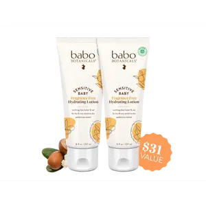 Babo Botanicals Sensitive Baby Fragrance Free Hydrating Lotion Duo – Made with Soothing Shea Butter & Oat – For Dry & Very Sensitive Skin – Pediatrician Tested – EWG Verified – 8 fl oz (237 ml) Each