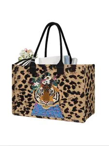 Tiger Print Large Capacity Storage Shopping Basket Bag, Durable Handles, Space-Saving Multi-Purpose Organizer for School Travel Shopping