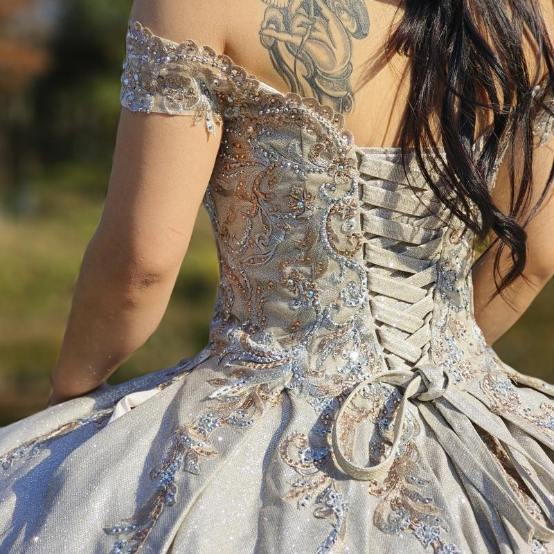 NO.24 Quinceanera Dress, Satin Off Shoulder Pocket  Design Dark Salmon Dusty Rose Champagne Ball Gown Dress