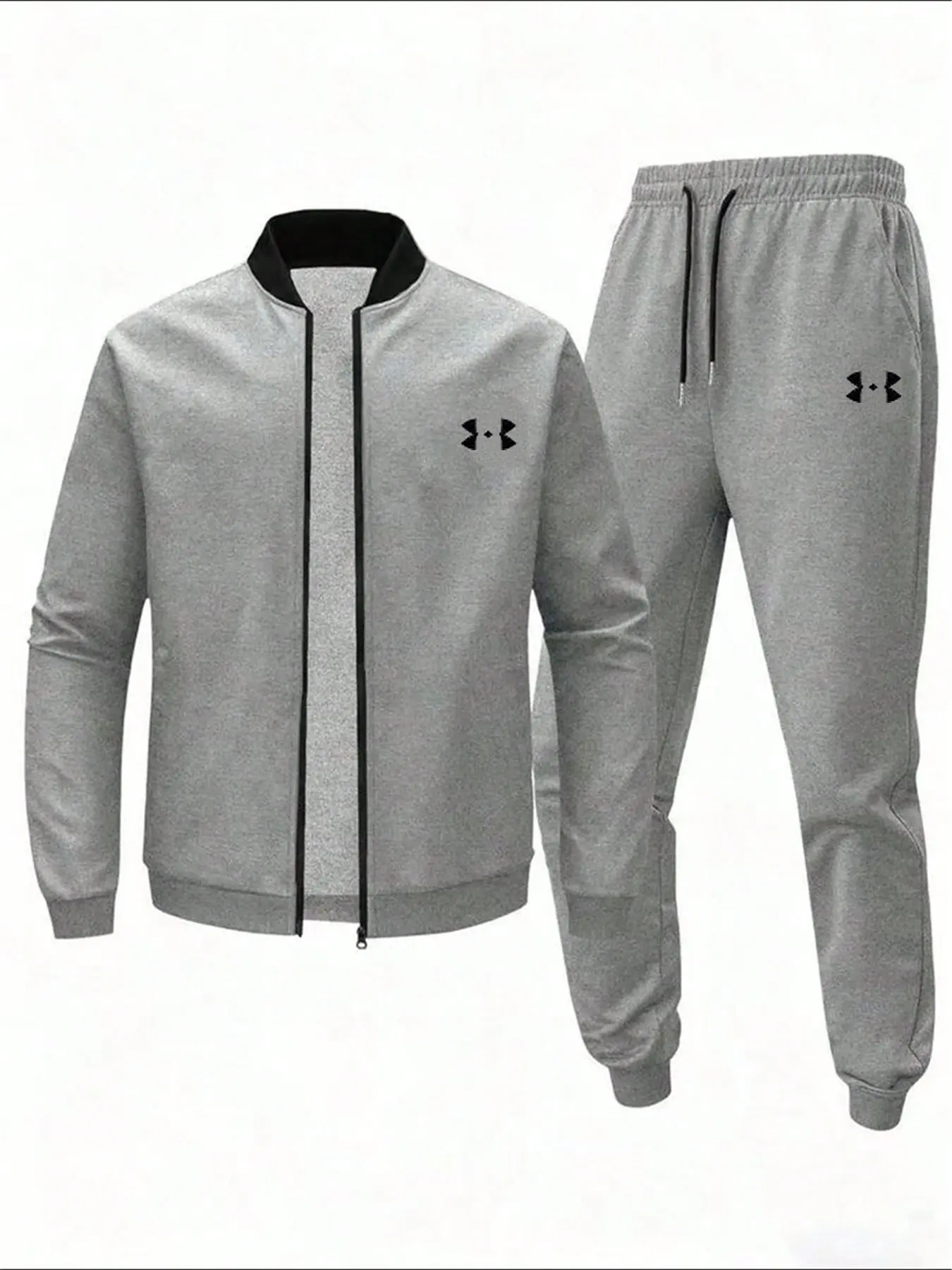 Men’s sportswear set—an autumn/winter essential; American minimalist casual athletic wear; stand-collar zip-up sweatshirt set.