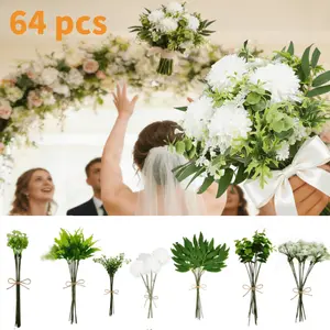64 Pcs Wedding Bride's Bouquet, Artificial Flowers Bulk Set- Realistic Outdoor/ Fake Eucalyptus, White Bouquets with Foliage for Wedding, Stylish and Durable, Not Easily Damaged--DIY Flower Arrangement Decoration