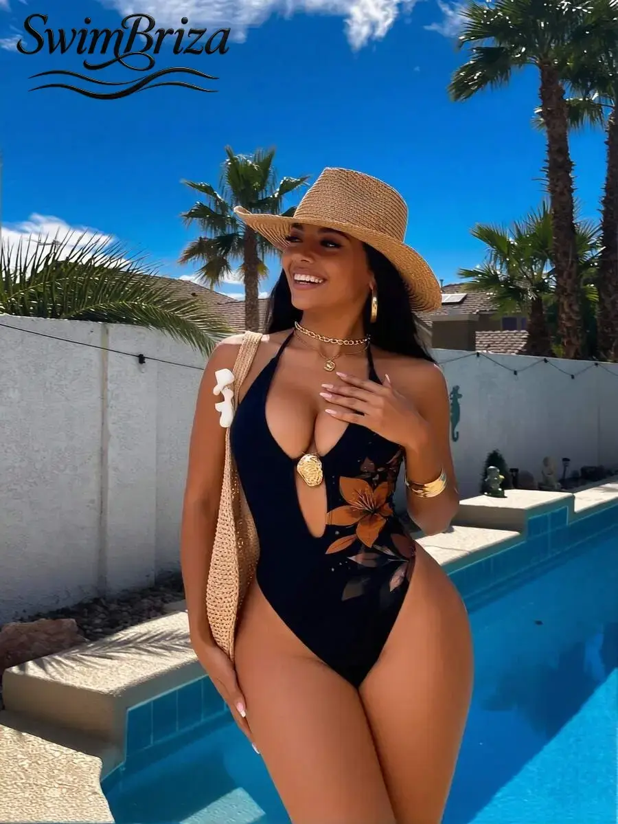 Briza｜Halter Cut Out One Piece Swimsuit In Black Floral Print With Gold Ring For Vacation Swimwear For Women, One Piece Bathing Suit Fancy As A Swimsuit For Women, Women'S Swimsuits, Cute Swimsuits For Women And Bathing Suits For Women