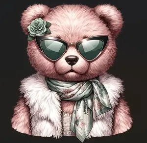 Kids Pink Bear with Glasses Ready to Press Heat Transfer DTF Transfer Direct to Film for Cotton and Polyester Garments