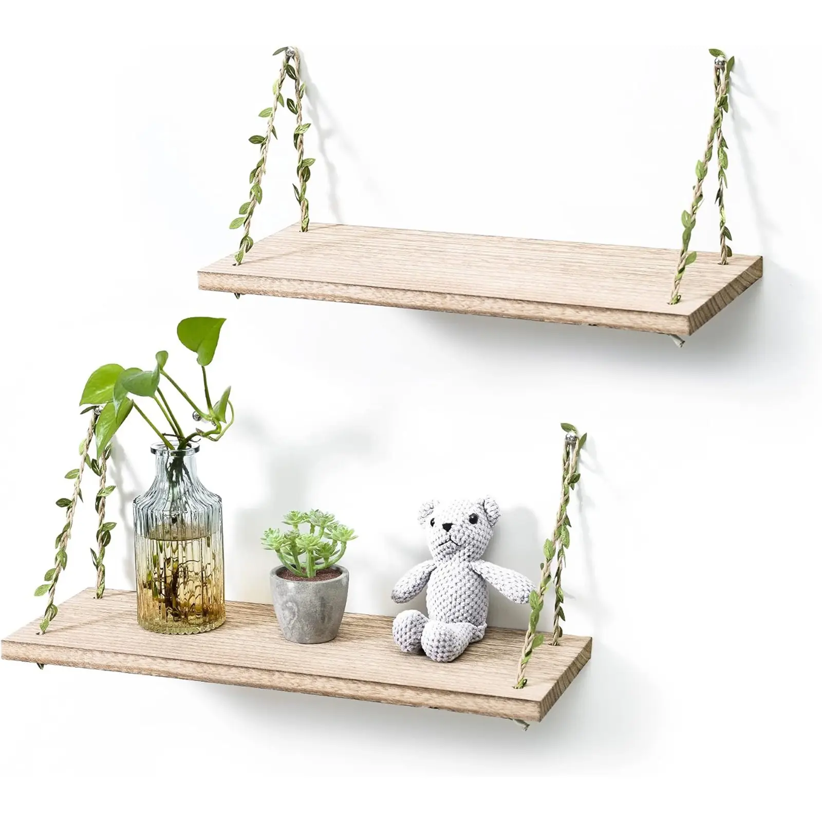 Two-Piece Leaf Rope Hanging Floating Shelves, Wall Swinging Storage Rack for Home Decor, Stylish and Functional Display Shelves, Wall Mounted Shelf, Wood Rack, Wooden Shelf for Wall