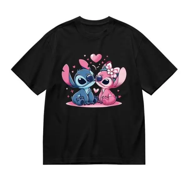 Disney Stitch & Angel Heart Print T-Shirt - Casual Pop-Culture Youth