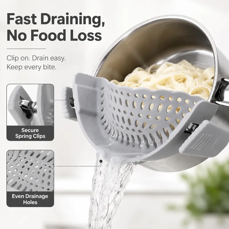 AISOON Clip-On Silicone Drain Colander, 9 cm Wide 22 cm Long Flexible Multi-Functional Strainer Kitchen Gadgets for Pots, Pans, Bowls - Foldable Drainage Bowl