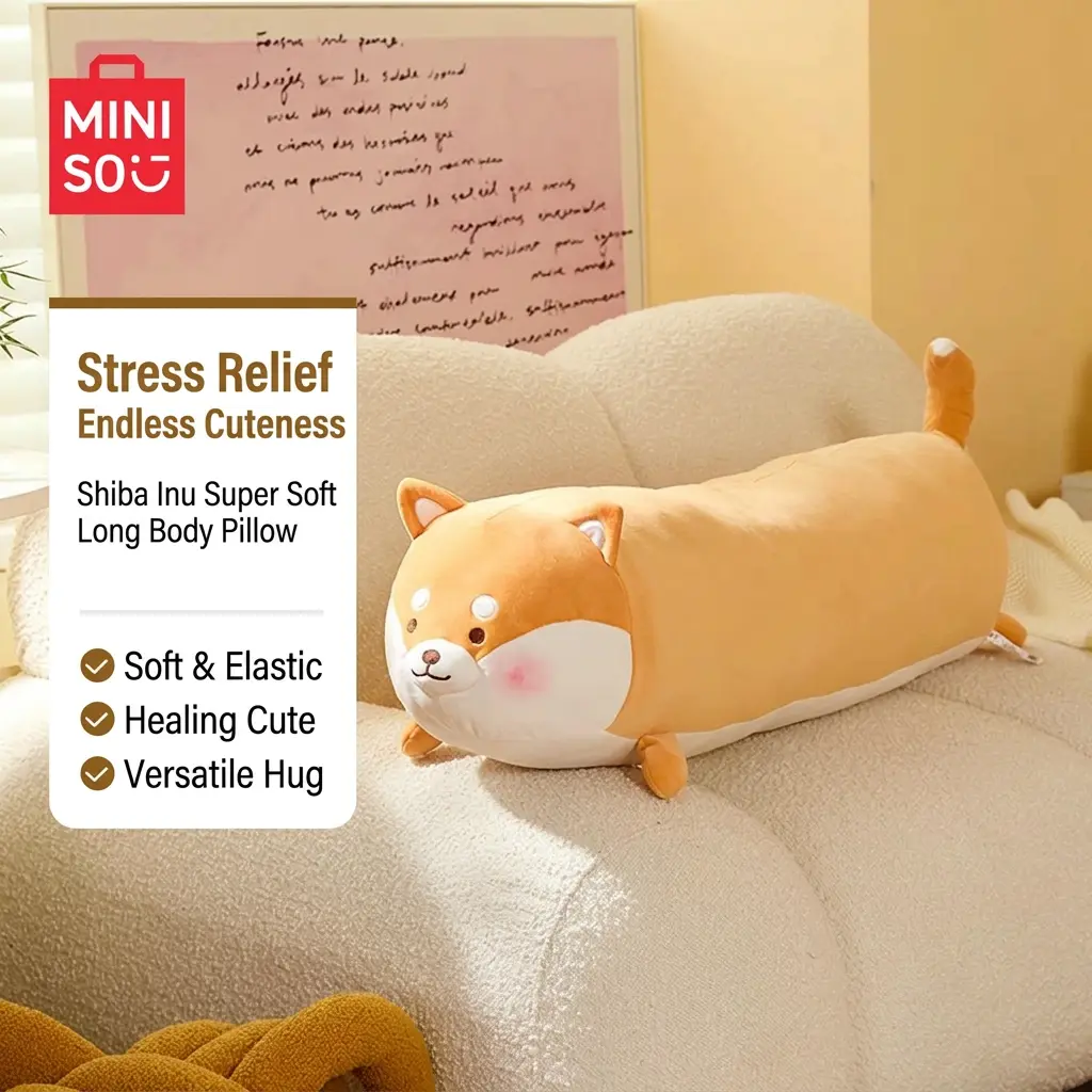 MINISO Fun Akita - Stretchy Ultra-Soft Long Plush Pillow – Cute Dog Body Pillow, Perfect Gift for Animal Lovers, Cozy Cuddle Buddy for Couch, Bed & Travel!