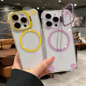 4-angle shock-absorbing camera metal bracket, suitable for iPhone 17 Air 16 Pro Max 15 14 Plus 13 12 11 Pro Max transparent hard PC magnetic wireless charging compatible with MagSafe protective case, essential accessories for mobile phones