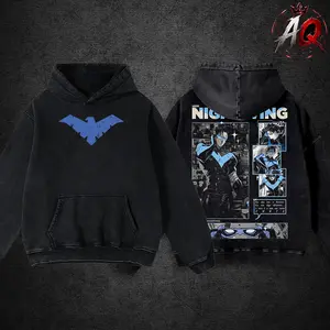 Nightwing Acid Wash Shirt, Oversized Washed Cotton Comic Hero Tee With Blue Wing Front Logo And Large Back Graphic, Streetwear Gift For Fans