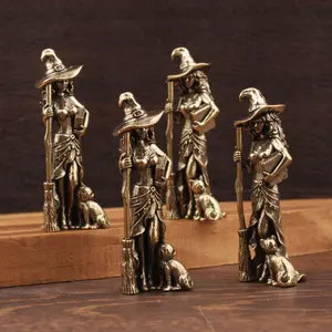 Creative Brass Broom & Moon Witch Ornament Suitable for Living Room Tabletop Home Decoration Wizard Statue with Detailed Features