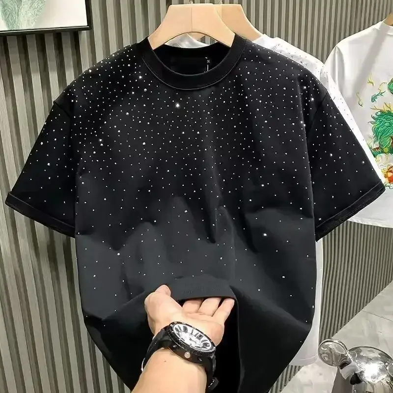 NewNew Men's Rhinestone Rivet Short-Sleeve Round Neck Casual T-Shirt - Korean Version Menswear Top, Summer Sports & Outdoor Clothes