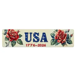 1pc 4×16 Inch USA 1776-2026 250th Anniversary Rose Metal Sign, Vintage Patriotic American Aluminum Street Sign, Rustic Red Rose USA Flag Wall Decor with Pre-drilled Holes for Home Garage, 4th of July Patriotic Decor