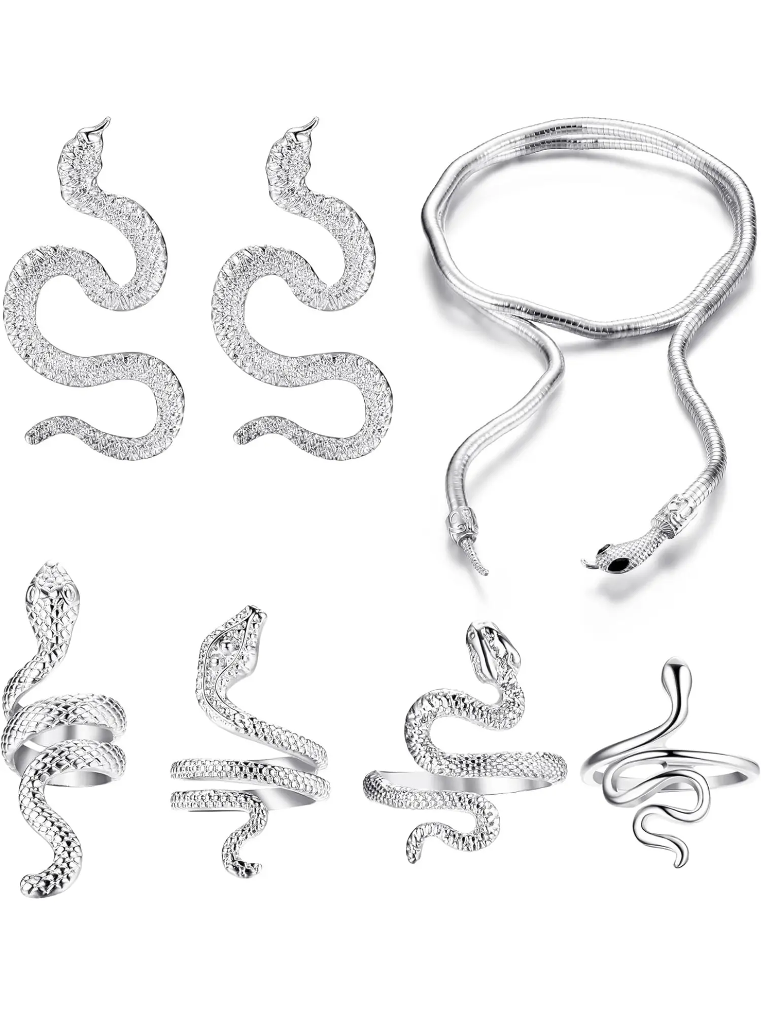 7 Pcs Snake Jewelry Set Matching Jewelry Set for Women White Gold Plated Snake Necklace Earrings Ring Knuckle Rings Adjustable Halloween Trend Jewelry Gifts