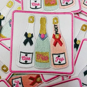 3" SQUARE - Clink, Fizz, Pop Champagne w Metallic Gold  -  Embroidered Hat Patch