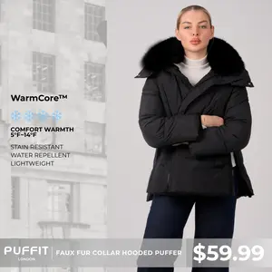 PUFFIT WarmCore Premium Removable Faux Fur Collar Puffer With Detached Hood,Removable Faux Fur Collar,Side Zipper Design,Windproof Sleeves,High-Density, High-Twist Fabric,Detachable Hood, Elegant And Appearance