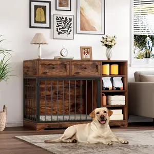 47" Large Wooden Dog Crate Furniture – Indoor Kennel Cage, 2 Drawers & 4 Shelves, TV Stand Dog Bed Sofa for Medium, Large Dogs – Classic Color