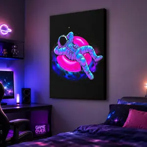 2D Cartoon Astronaut Wall Decor – Cosmic Space Canvas Painting for Bedroom, Playroom, Study & Modern Interior Design