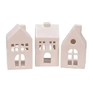 Glazed Porcelain Mini Village Houses Set, 3-Piece 4” White LED Christmas Tabletop Decor