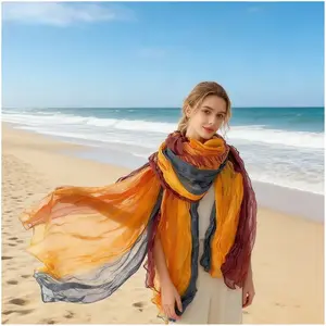 Women's Bohemian Gradient Blue Scarf, Lightweight Breathable Pleated Shawl, Soft Viscose Blend, Versatile Accessory