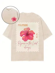 Men's Washed Casual Graphic T-shirt: Hibiscus Flower and Philippians 4:4 Rejoice in the Lord Always Print, 230G Cotton Short-sleeve Top, Machine Washable, Unisex Style Christmas: A Holiday Gift for Family and Friends