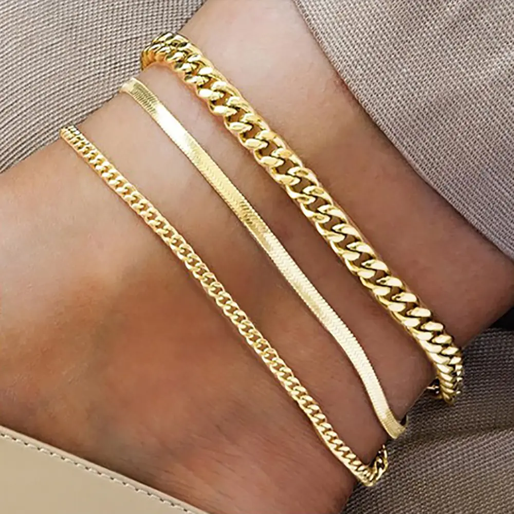 3Pcs Gold/Silver Anklets for Women Waterproof, 14K Gold Plated Ankle Bracelet Non Tarnish, Jewelry Gifts Adjustable