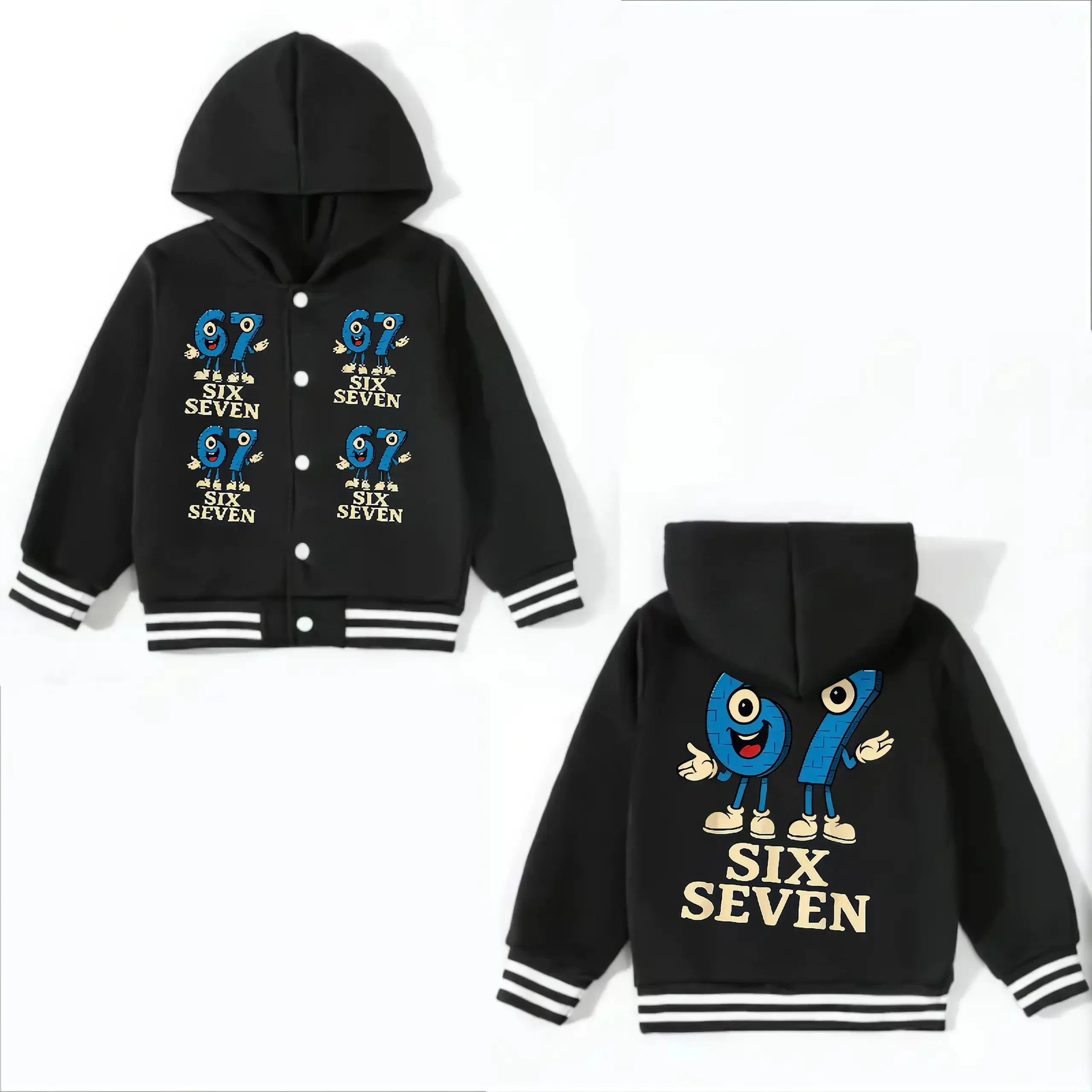 67 Six Seven Kid Life Black Hooded Jacket with White Trim and Button Closure for Kids, Front and Back Print