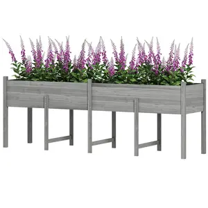Rustic gray fir wood raised planter box customizable paint finish with drain system for garden seasonal plant cultivation