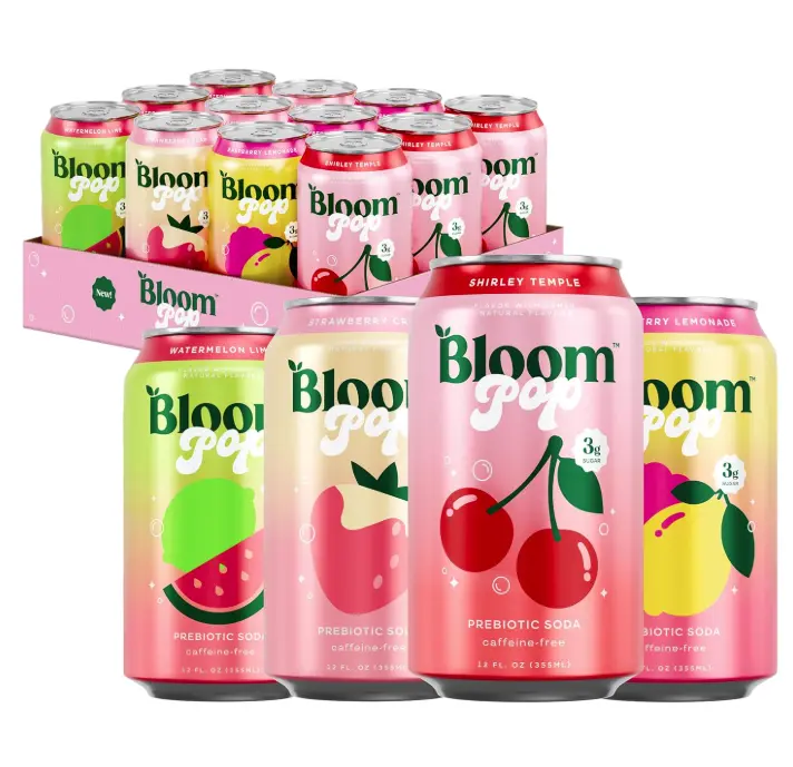 Bloom Pop Prebiotic Soda 12 Pack, Variety Pack, 12oz Cans | Soda for Gut Health, Low Calorie, No Caffeine, Healthy Soft Drink Alternative