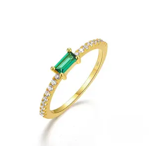 18K Gold Plated 925 Silver Baguette Stone Rings, (Green Emerald)