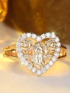 Heart-Shaped Imitation Diamond Ring, Open Adjustable Ring Prayer Christian Jewelry Men And Women, good gloss,smooth surface and comfortable to wear, Fashionable & Elegant, gift for Mother's Day, birthdays, Valentine's Day, anniversaries, Golden