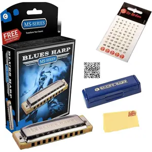 532 Blues Harp MS Harmonica - Key of E Bundle with Case, Key Stickers, Harmonica Beginner Online Manual, and Austin Bazaar Polishing Cloth