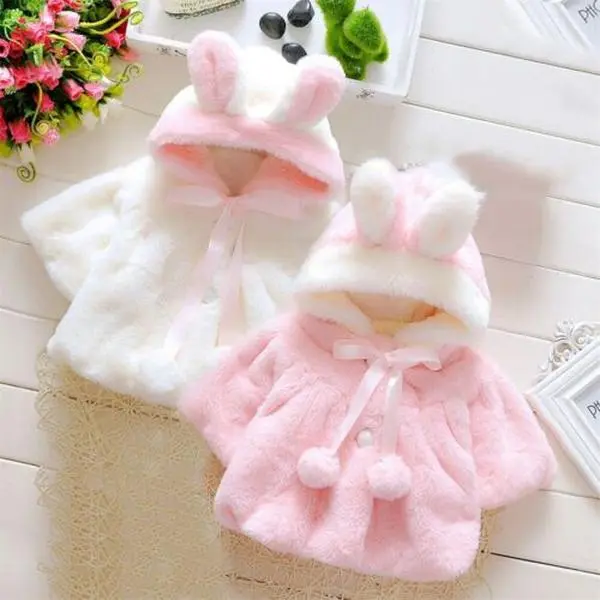 [Yomi Kids] Baby Girl Faux Fur Coat Pearl Button Bow Cute Bunny Ear Hooded Outwear Thick and Warm Jacket