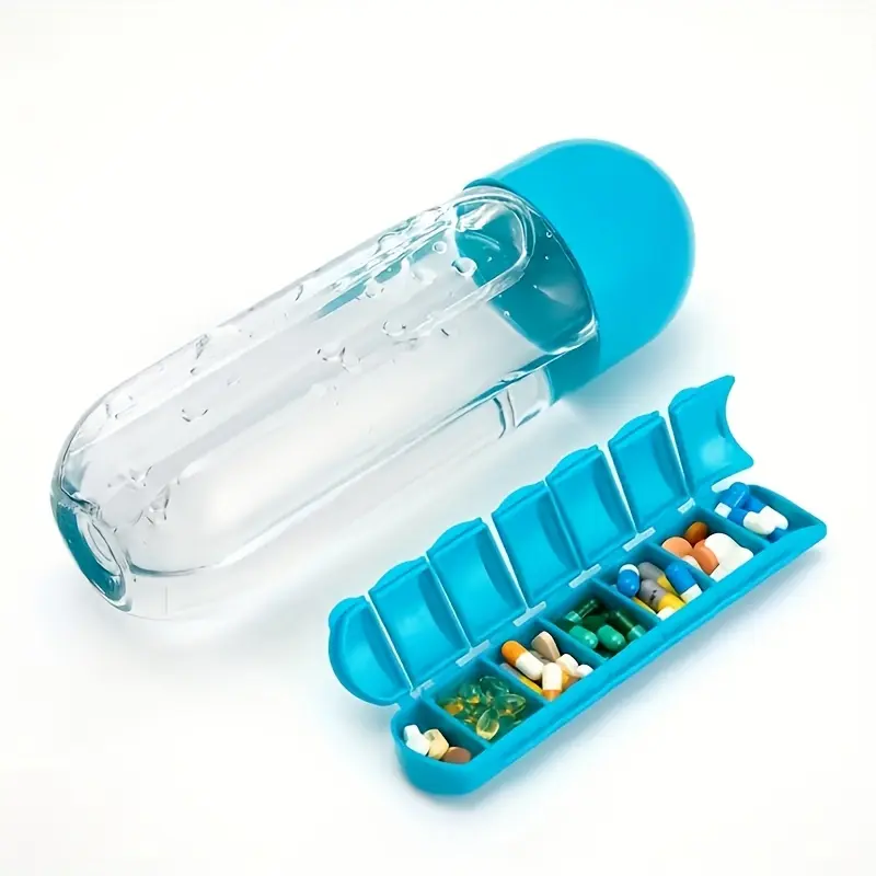 Creative Water cup with 7- compartment Portable medicine box , 2 in 1 Water Bottle Box, Sports water bottle with built-in daily pill box organizer , supplement vitamin medicine storage .