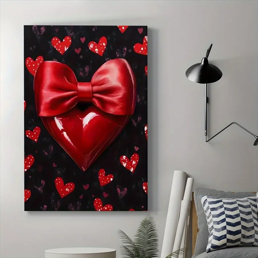 1-Piece Framed Valentine's Day Heart Canvas Art - Red Bow, Love Theme, Black Background, High-Quality Canvas, Easy to Hang, Living Room Decor, Modern Indoor Home Supplies, Wall Art for Posters & Prints