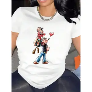 Cartoon Print Comfort Tee - Soft Crew Neck, Short Sleeve, Breathable Athletic Tee For Women Activewear - Fun Graphic Design, Outdoor Activity Casual Wear Casual Digital Printing Cotton Tee