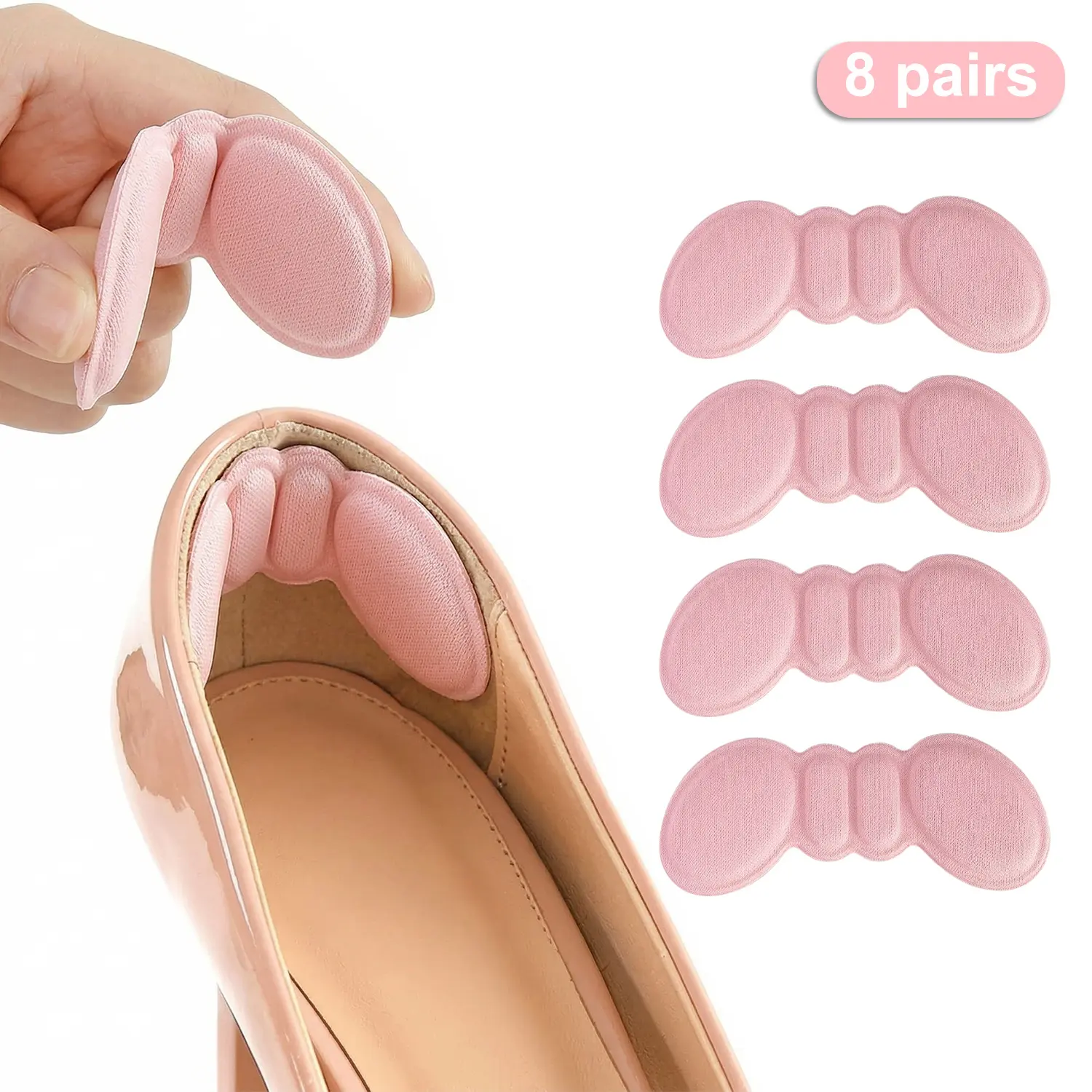 8 Pairs Shoe Fillers & Heel Grips for Women and Men, 1 Size Plain Solid Padded Inserts, Slip-Proof Cushions for Too-Big Shoes to Prevent Blisters, Multipack, Non-Slip, One Size