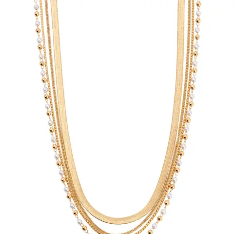 All the Chains Pearl Layered Necklace – 18K Gold Plated Multi Layer Necklace with Freshwater & Glass Pearls | Adjustable Statement Jewelry for Women