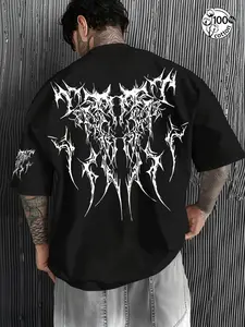 Unisex 100% Cotton Gothic Death Metal Spike Font Back & Sleeve Print Oversized T-Shirt | Y2K Dark Aesthetic High Street American Streetwear Top