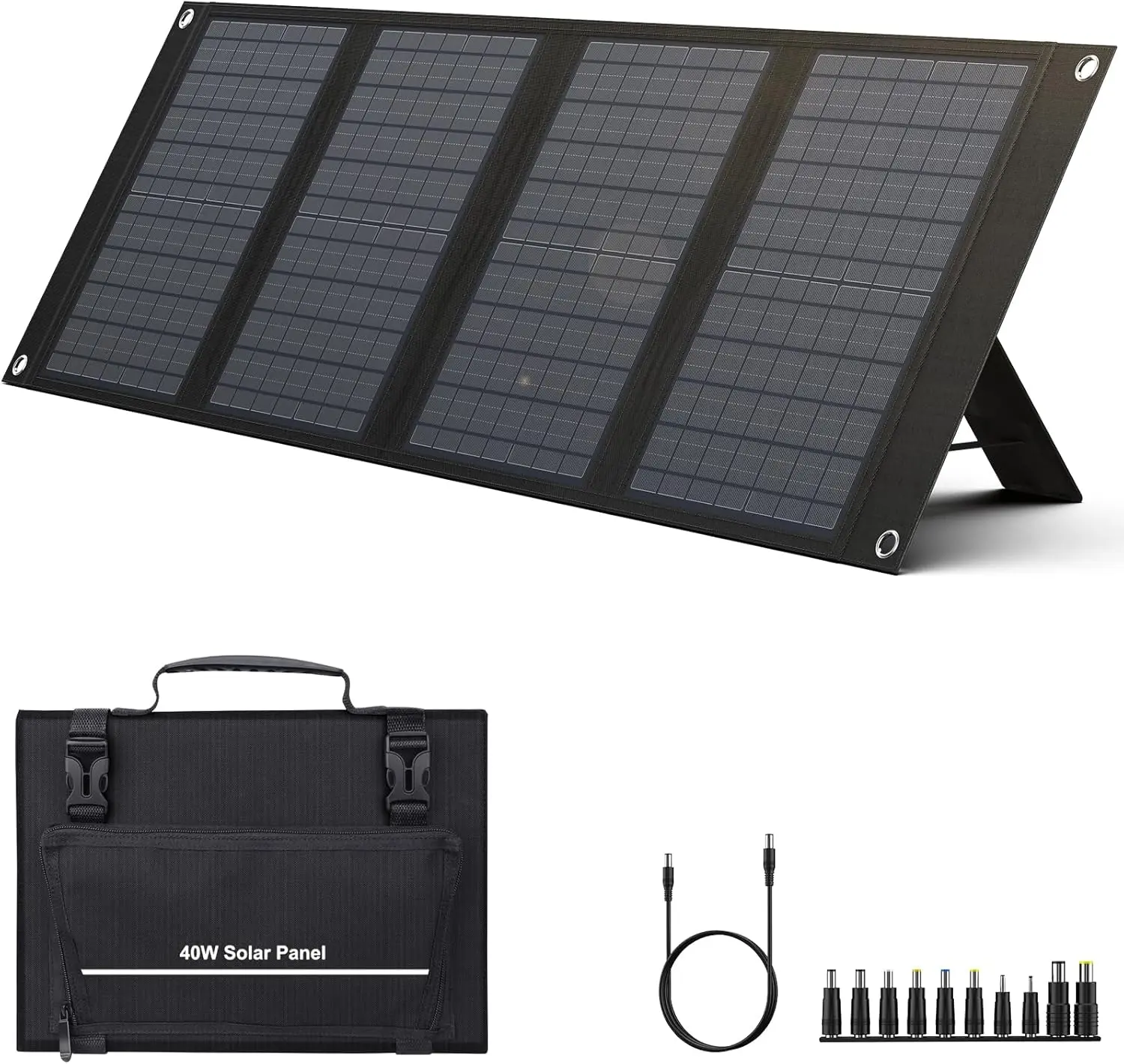 40W Foldable Portable Folding Solar Panel for 100-200W Power Stations, 12-15V DC & QC3.0 USB Ports, Adjustable Kickstand, 11 Connectors for Camping RV Outdoor Solar Devices, Portable Solar Panel
