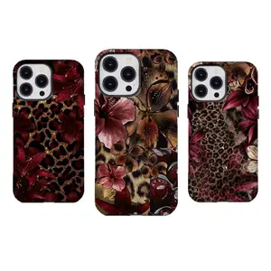 Burgundy Floral Leopard Print Phone Case Trendy Luxury Phone Case Compatible for iPhone 17 Promax 16 15 14 13 12 11 and for Samsung S21-S25 Perfect Gift for Fashion Girls Women