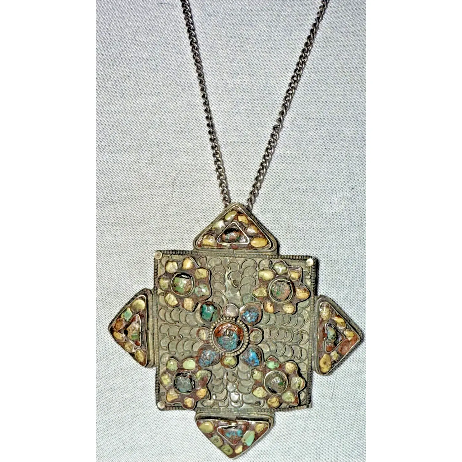 Antique 1900 Tibetan Reliquary Pendant Necklace in Turquoise & 800 Silver, Auspicious Nepalese Gemstone Amulet for Adults, Vintage, Traditional, Chain, Jade Necklaces & Pendants, Unisex, Stone Jade Necklaces & Pendants