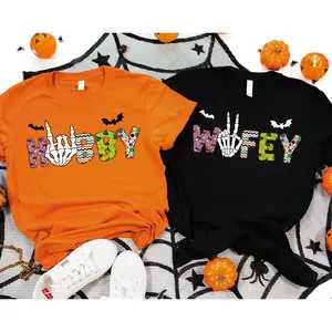 Wifey and Hubby Matching Halloween T-shirt, Couple Halloween Tee, Family Halloween, Halloween Gift, Skeleton Witch Pumpkin Classic Cotton