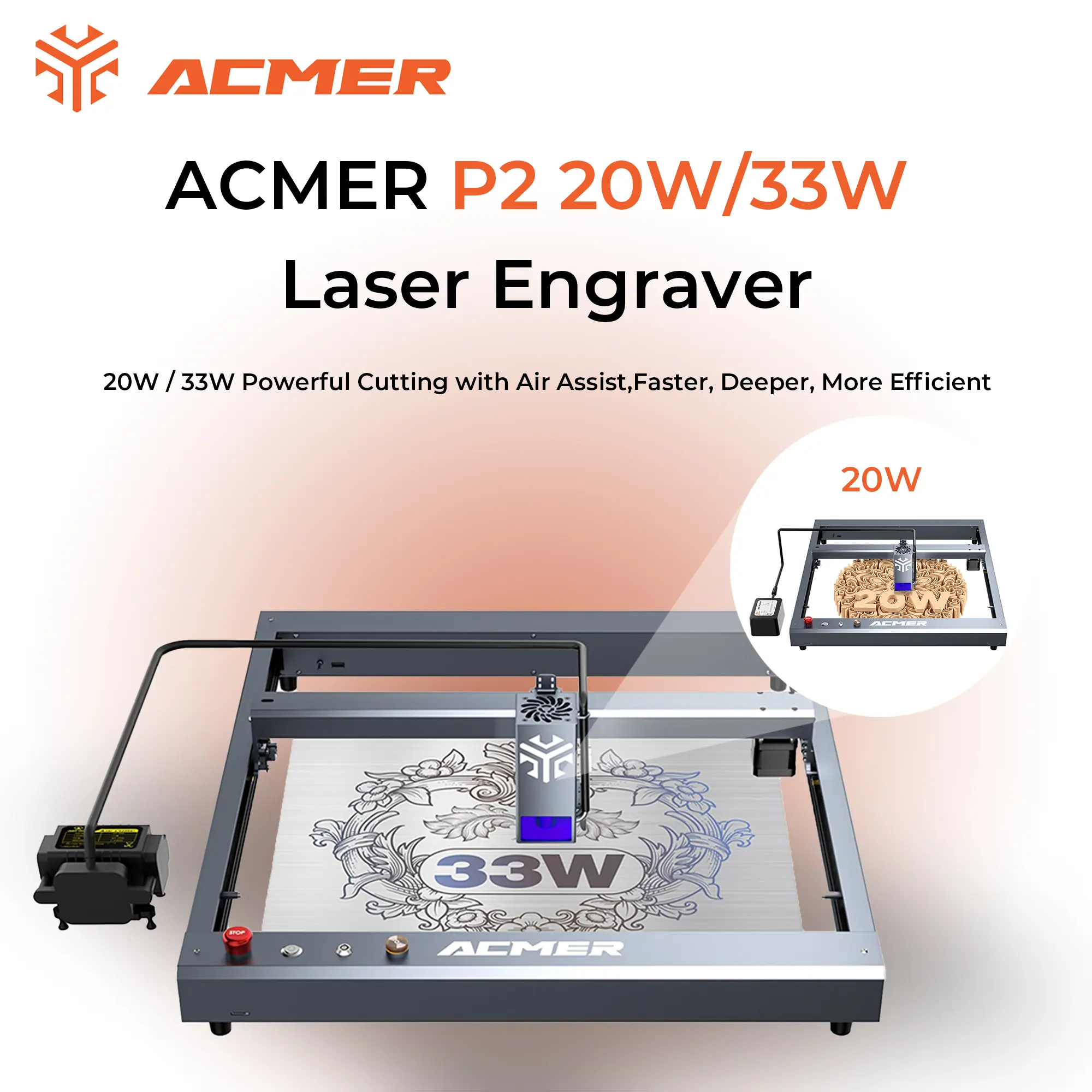 ACMER P2 20W/33W Laser Engraver & Cutter | High Speed DIY Machine | Air Assist Kit Included | APP & WiFi Control | Easy for Beginners