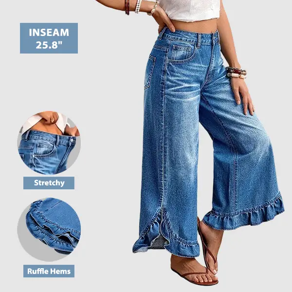 Flamingals Wash Ruffle Hem Split Mid Waist Wide Leg Jeans Womenswear Stretchy 26" Inseam